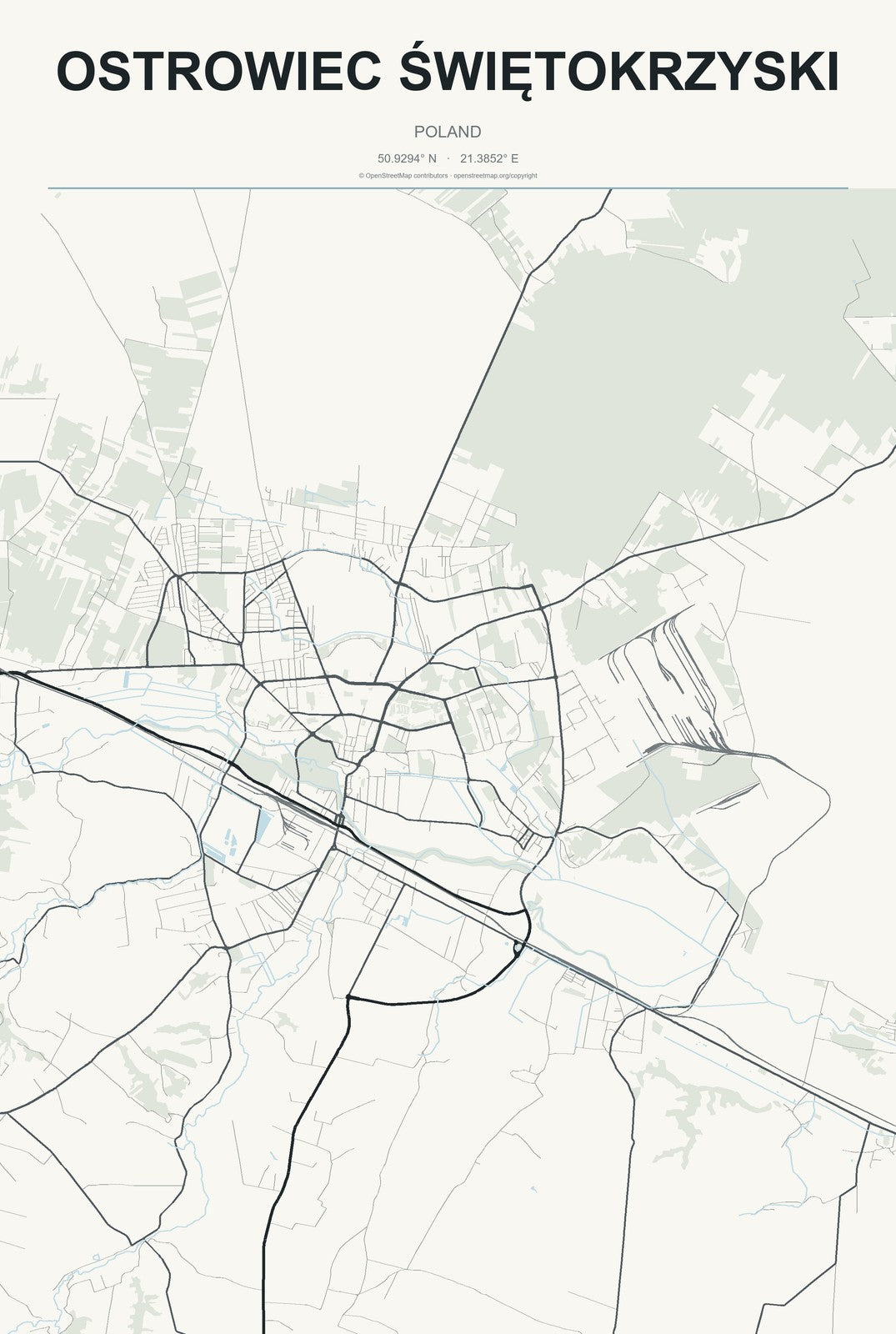 Ostrowiec Świętokrzyski, Poland City Map Aluminum Sign in Headline Atlas style