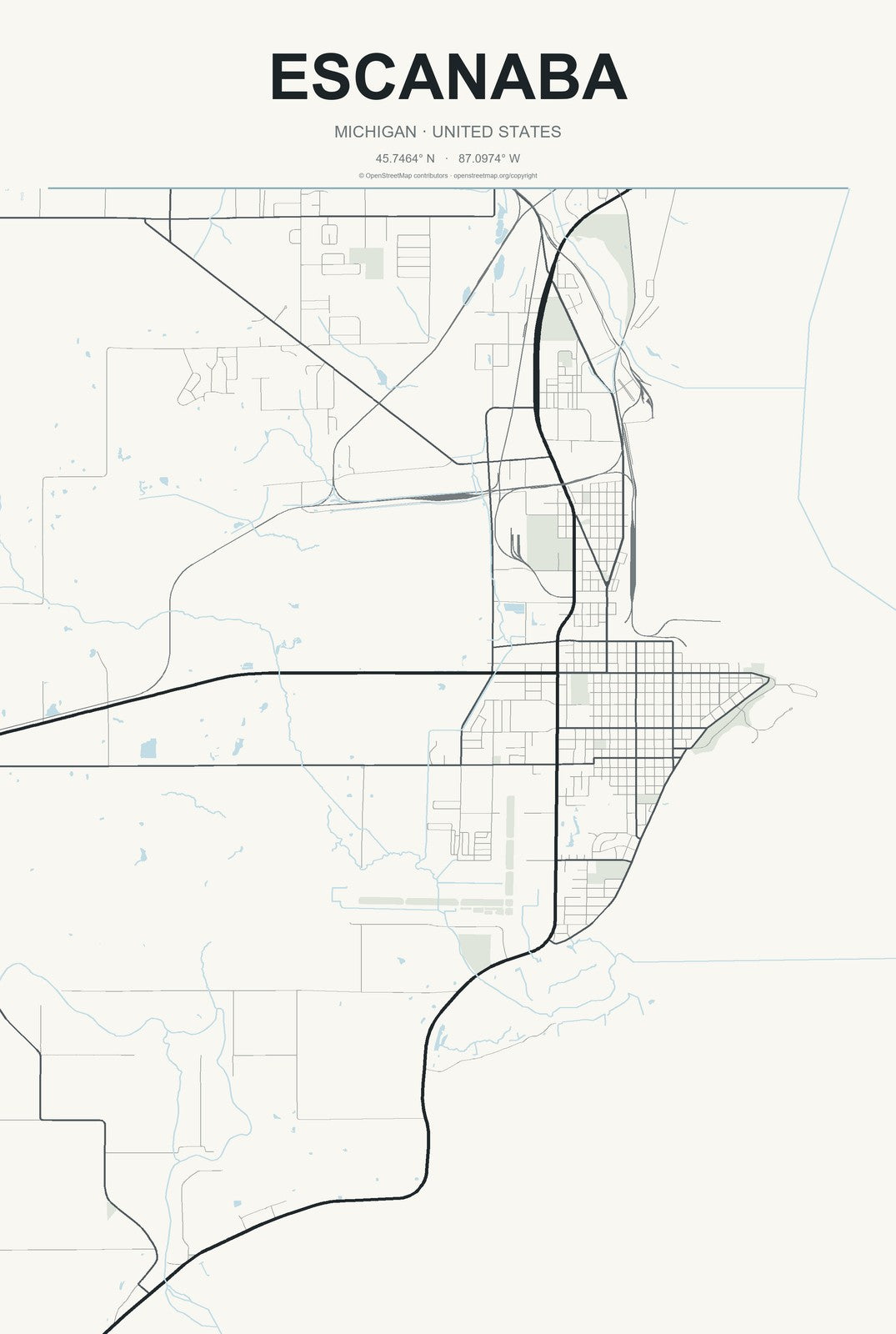 Escanaba, Michigan City Map Aluminum Sign in Headline Atlas style