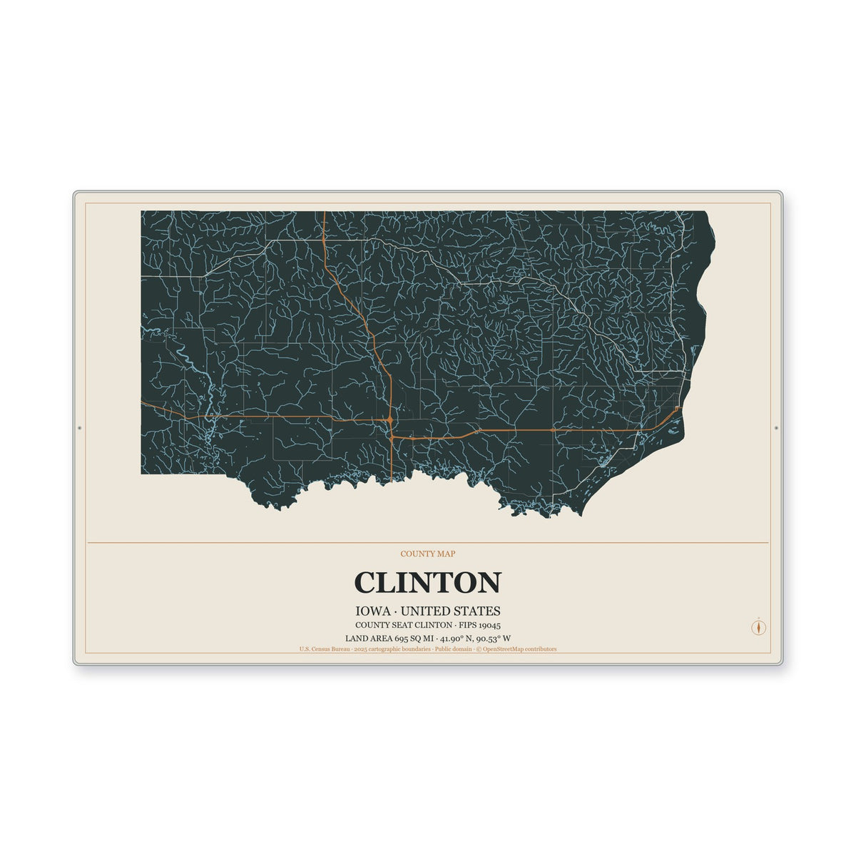 Clinton County, Iowa Map Aluminum Sign in Headline Atlas style