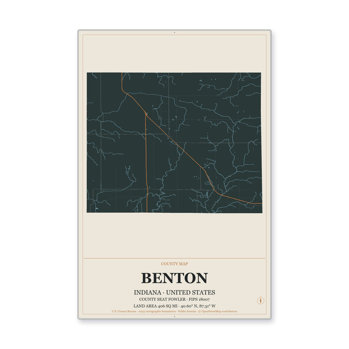 Benton County, Indiana Map Aluminum Sign in Headline Atlas style