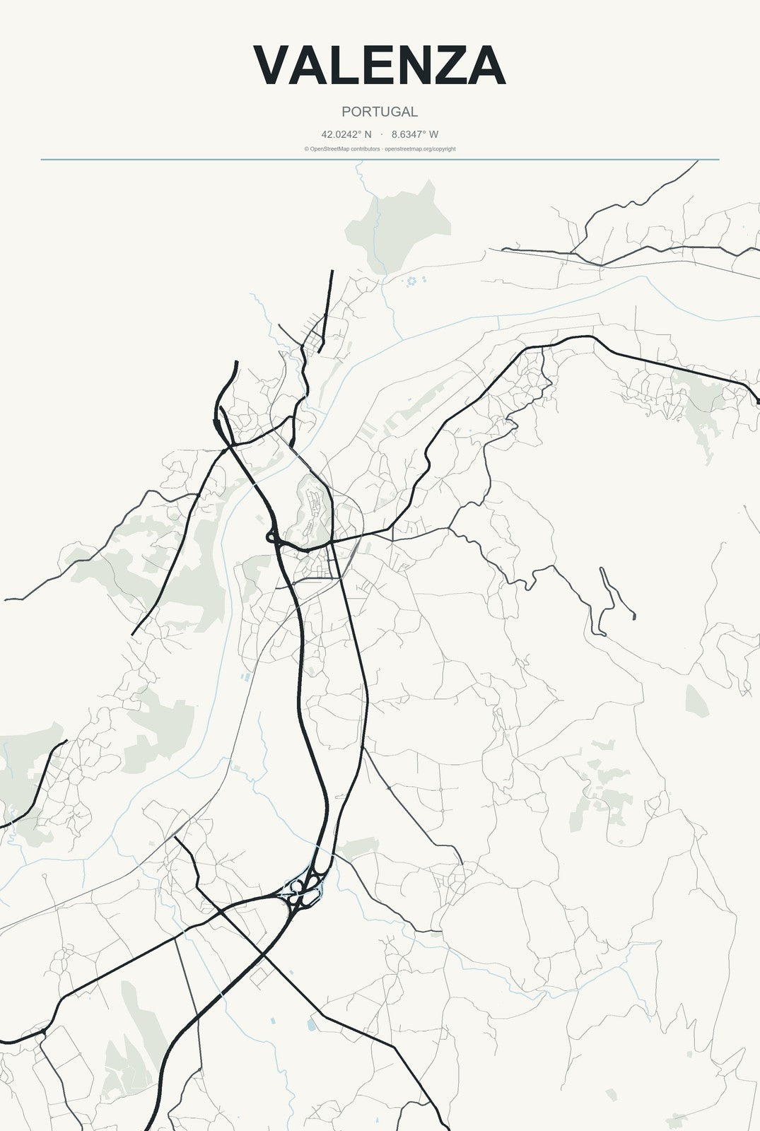 Valenza, Portugal City Map Aluminum Sign in Headline Atlas style