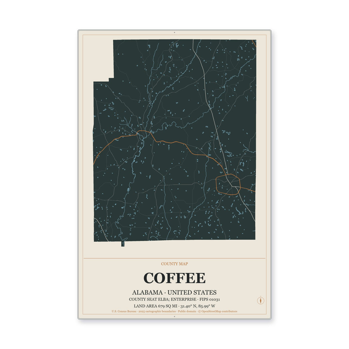 Coffee County, Alabama Map Aluminum Sign in Headline Atlas style