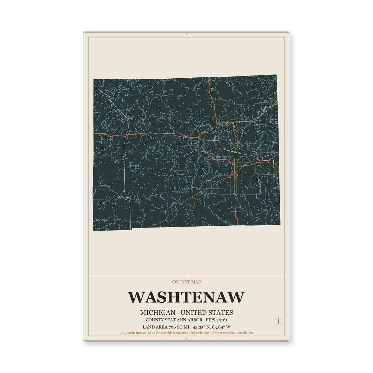 Washtenaw County, Michigan Map Aluminum Sign in Headline Atlas style