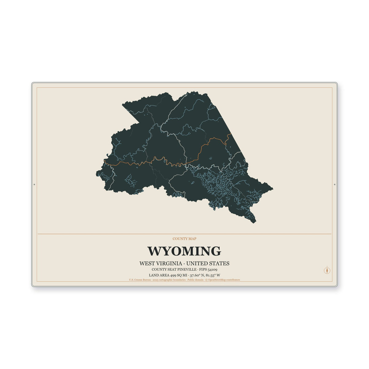 Wyoming County, West Virginia Map Aluminum Sign in Headline Atlas style