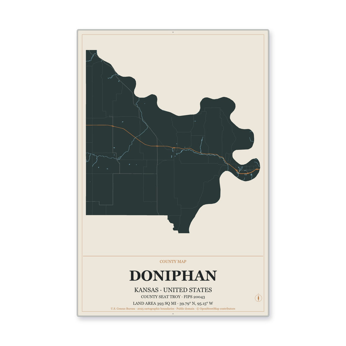 Doniphan County, Kansas Map Aluminum Sign in Headline Atlas style