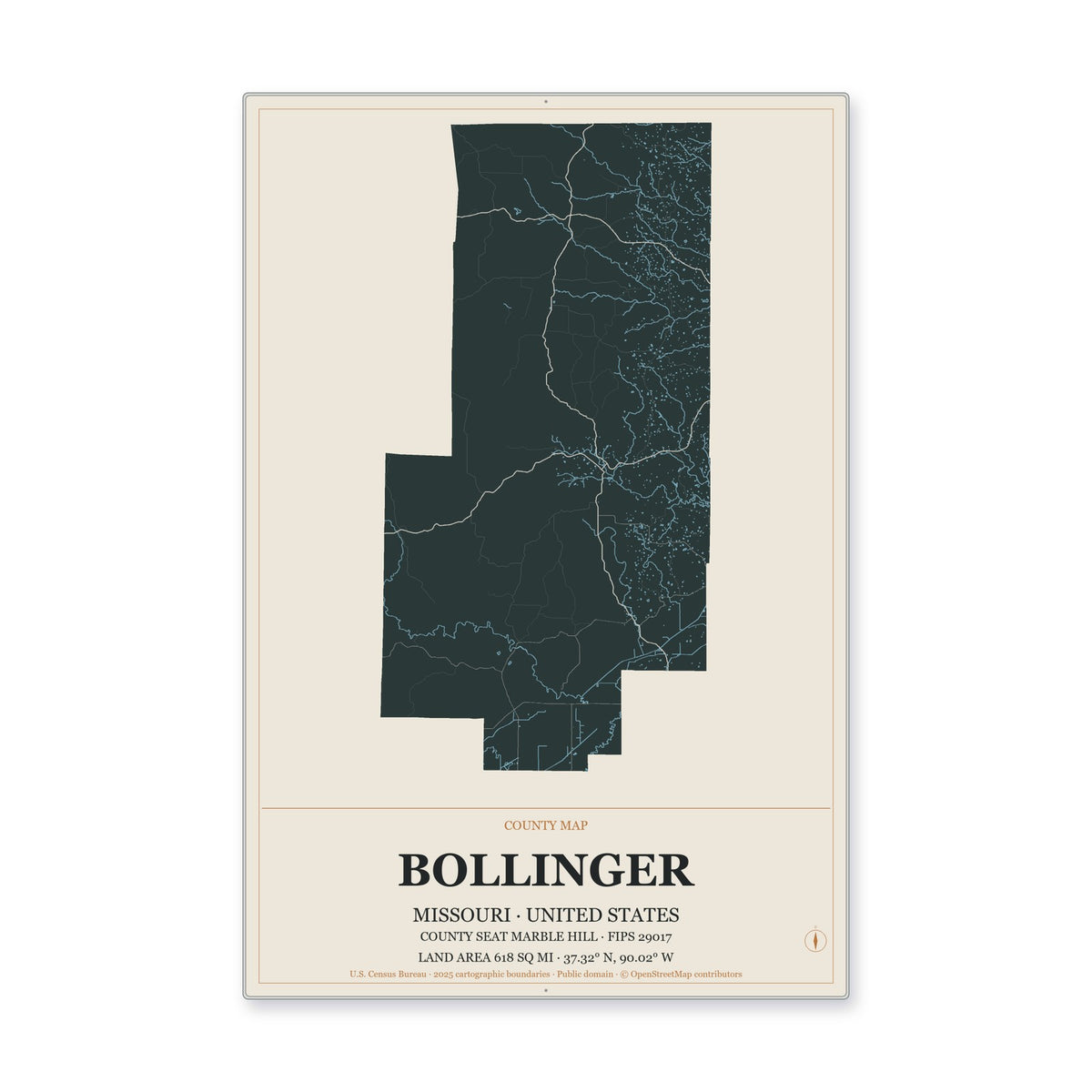 Bollinger County, Missouri Map Aluminum Sign in Headline Atlas style