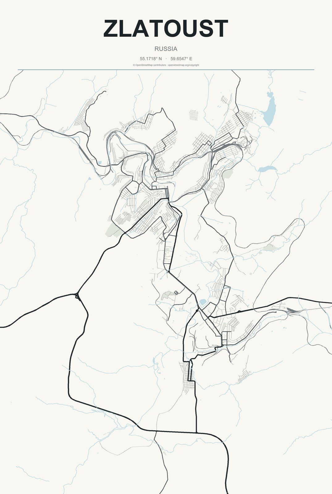 Zlatoust, Russia City Map Aluminum Sign in Headline Atlas style