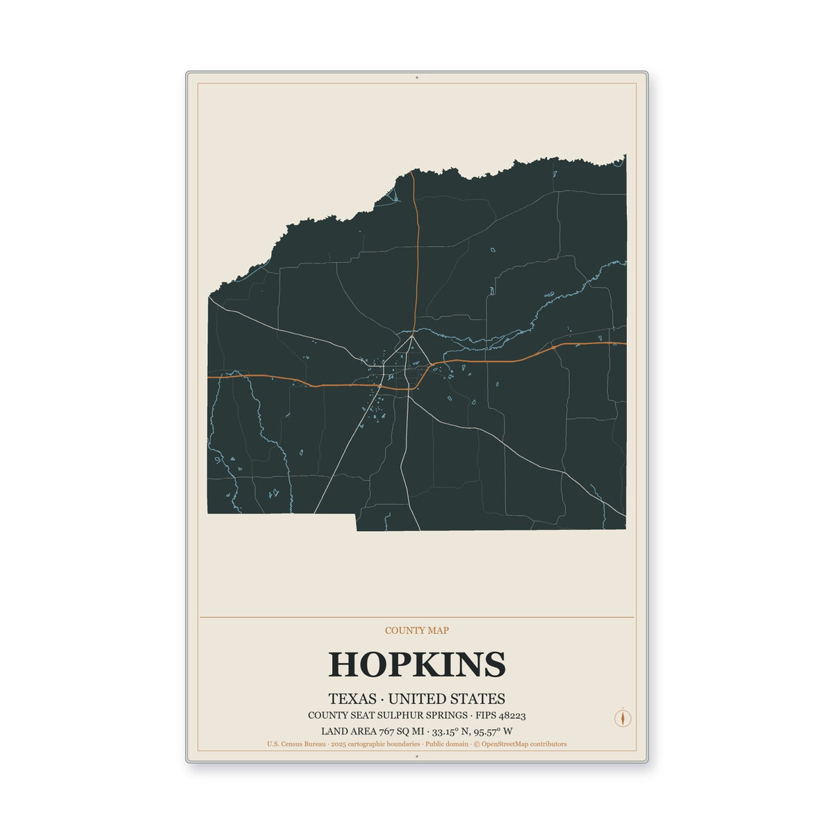 Hopkins County, Texas Map Aluminum Sign in Headline Atlas style