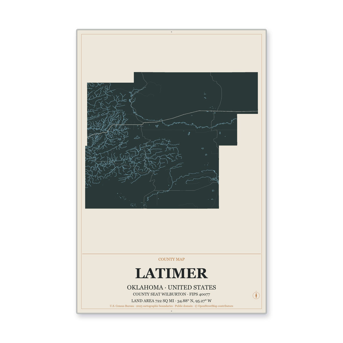Latimer County, Oklahoma Map Aluminum Sign in Headline Atlas style