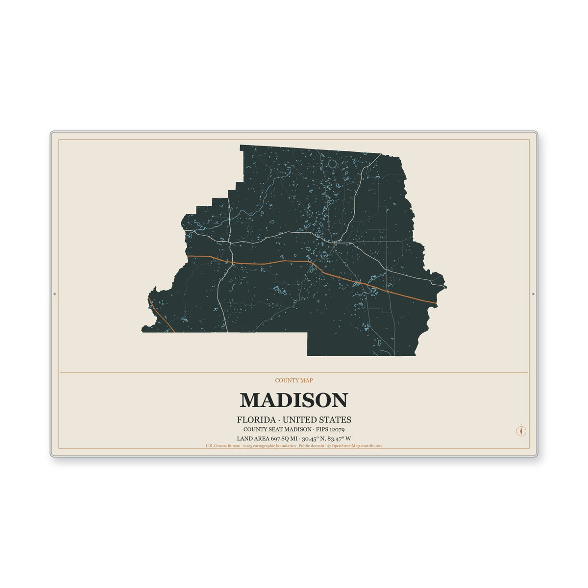 Madison County, Florida Map Aluminum Sign in Headline Atlas style