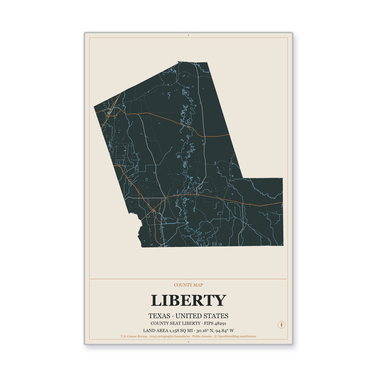 Liberty County, Texas Map Aluminum Sign in Headline Atlas style