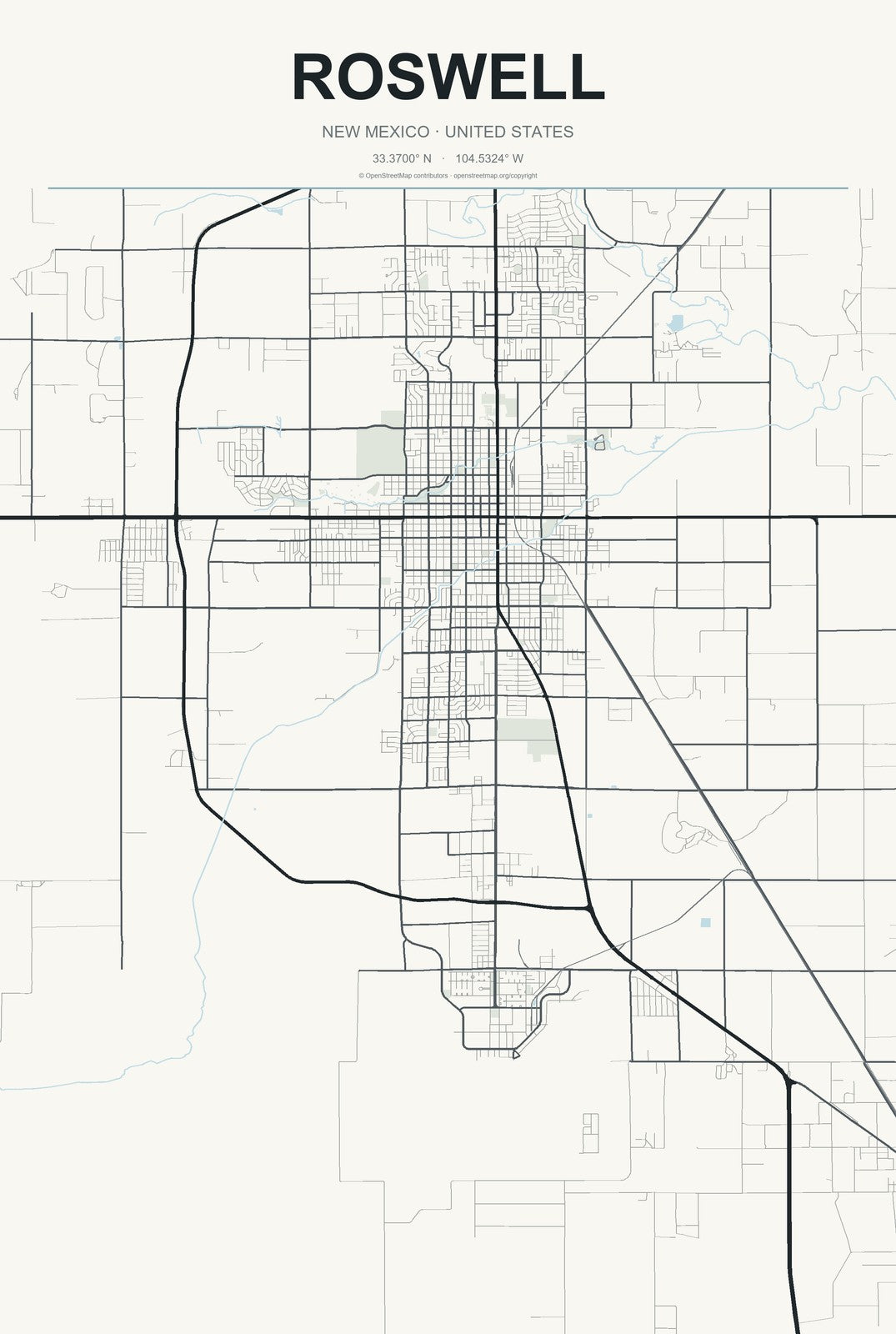 Roswell, New Mexico City Map Aluminum Sign in Headline Atlas style