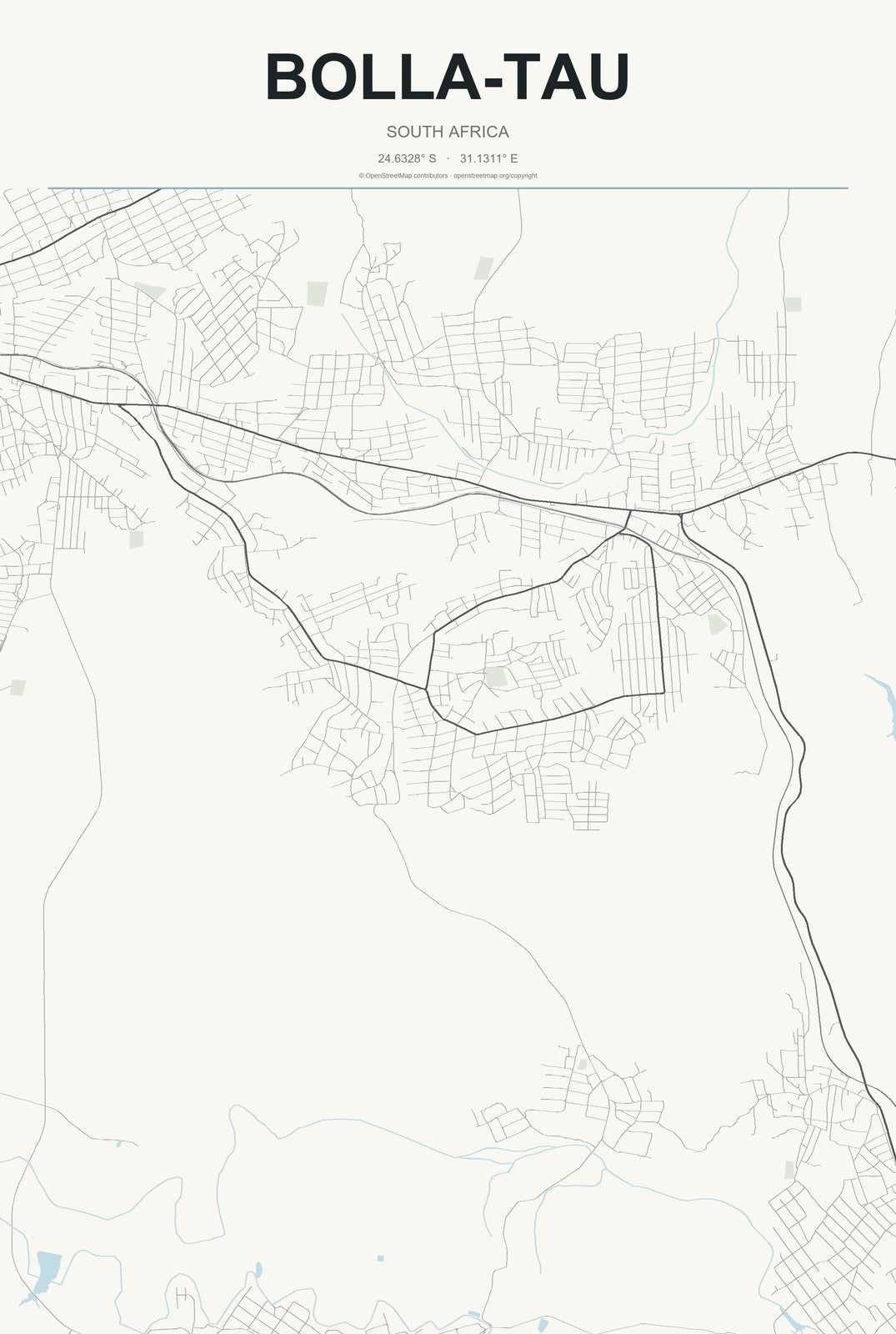 Bolla-Tau, South Africa City Map Aluminum Sign in Headline Atlas style