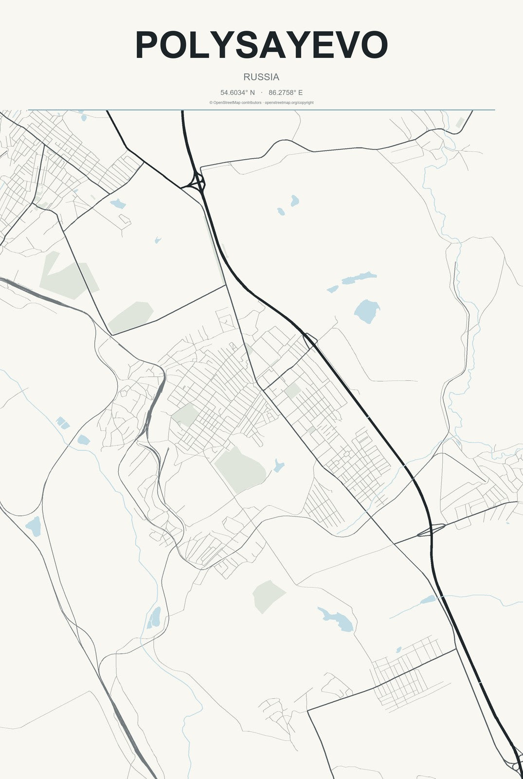 Polysayevo, Russia City Map Aluminum Sign in Headline Atlas style