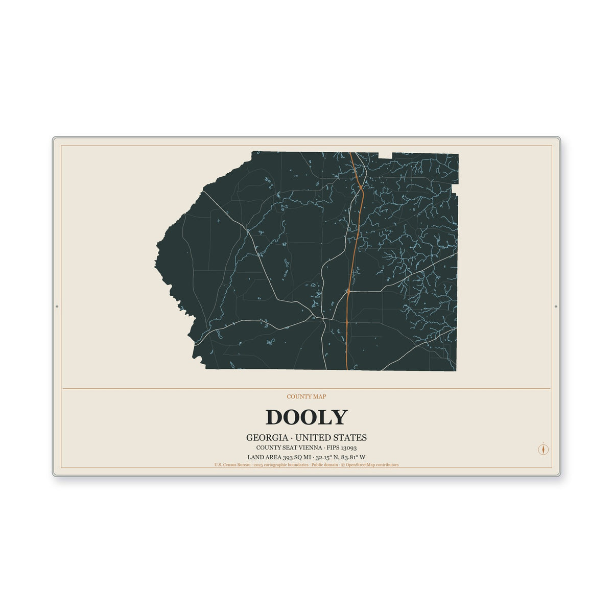 Dooly County, Georgia Map Aluminum Sign in Headline Atlas style