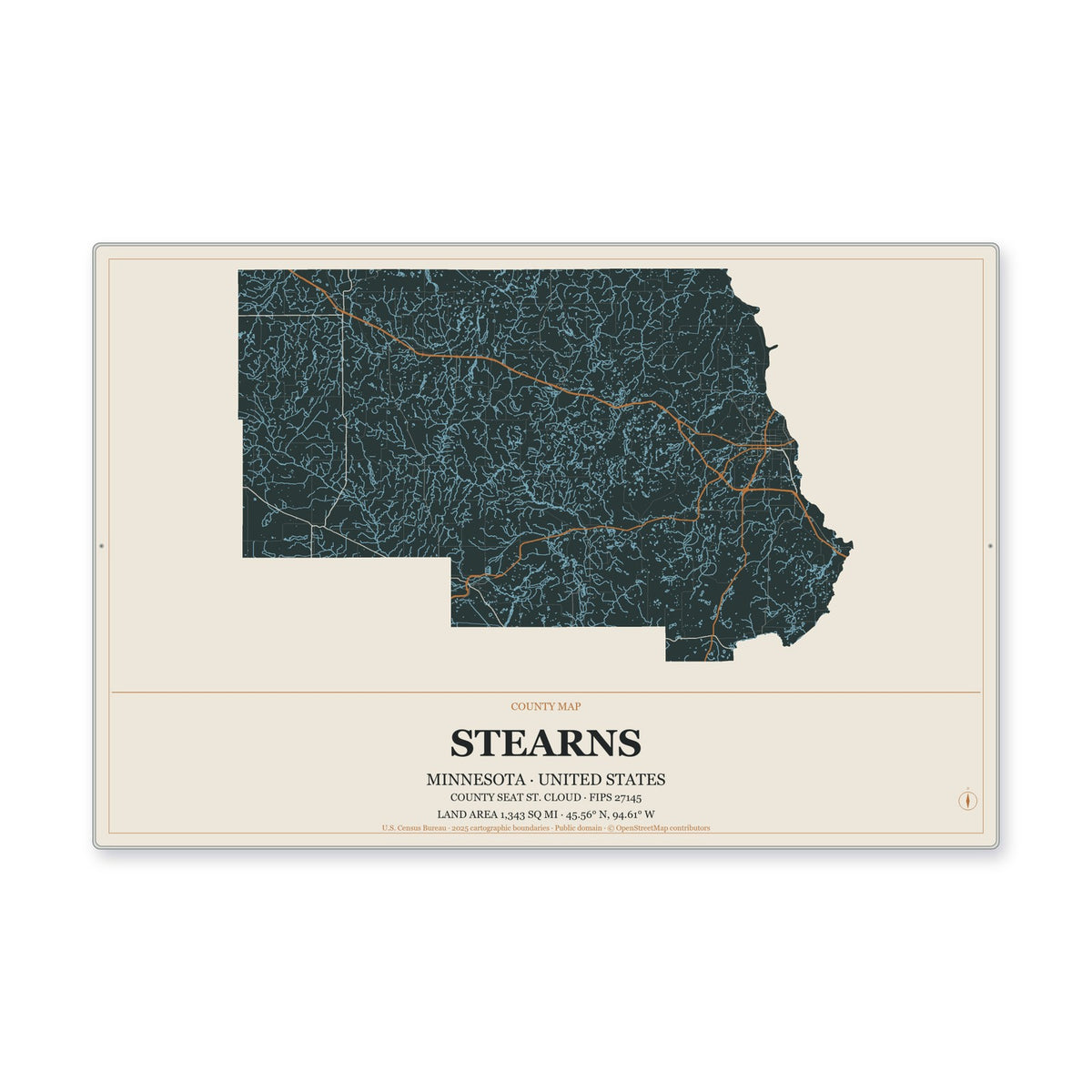 Stearns County, Minnesota Map Aluminum Sign in Headline Atlas style
