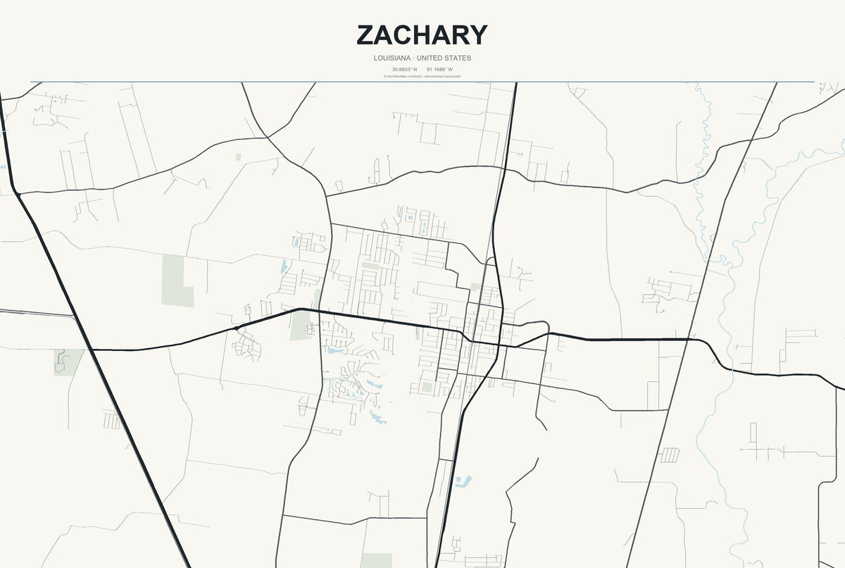 Zachary, Louisiana City Map Aluminum Sign in Headline Atlas style