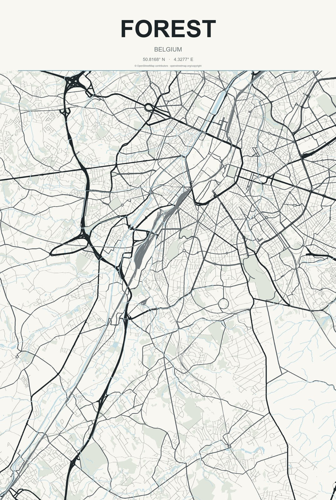 Forest, Belgium City Map Aluminum Sign in Headline Atlas style