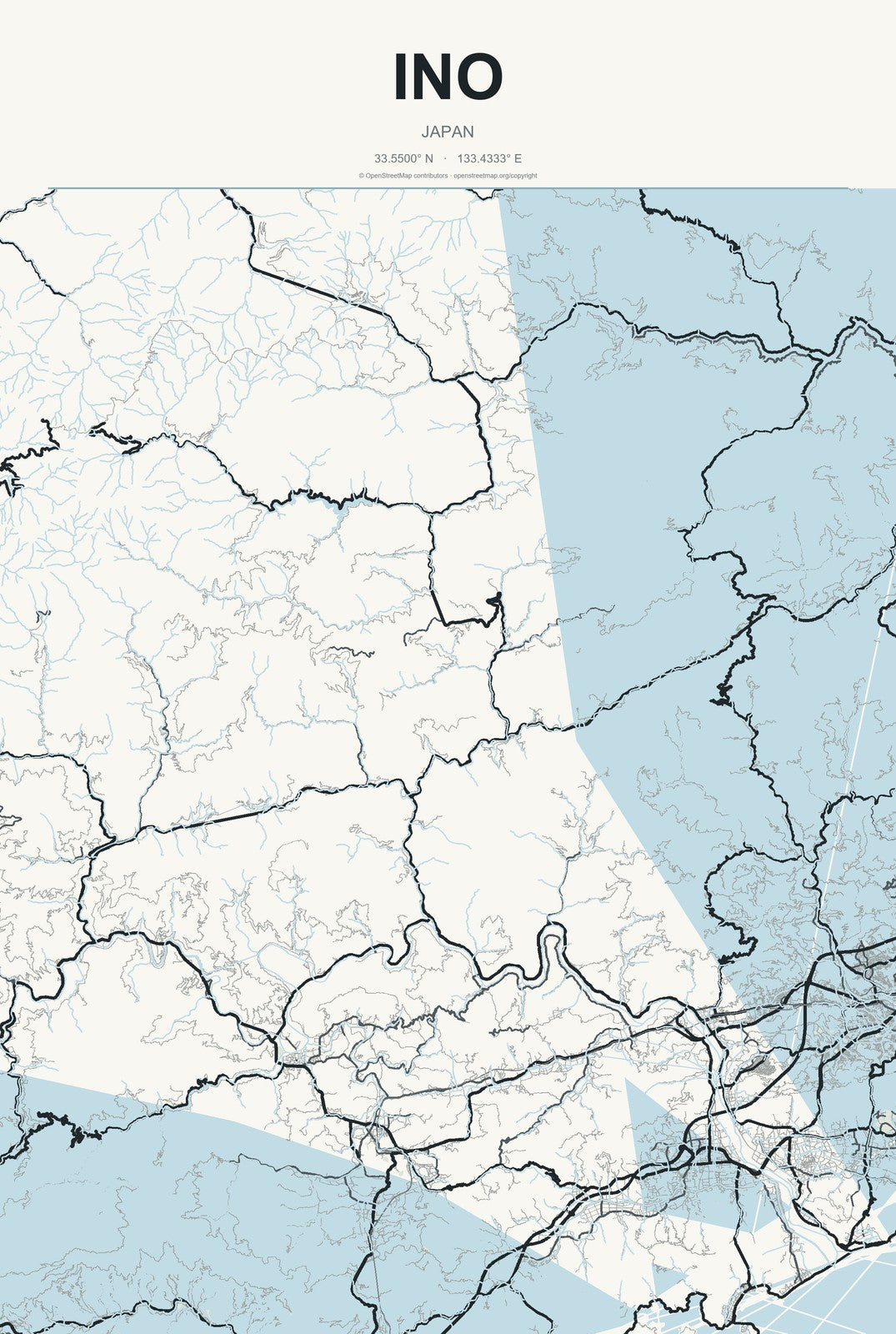 Ino, Japan City Map Aluminum Sign in Headline Atlas style