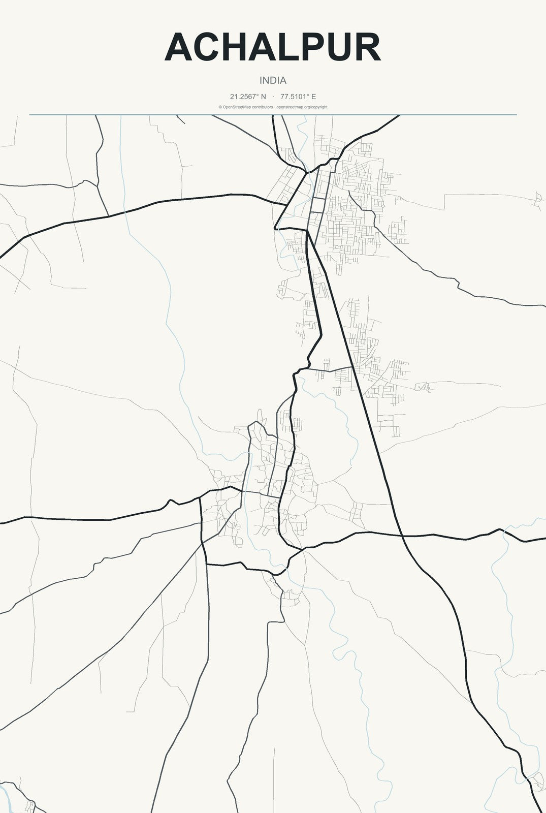 Achalpur, India City Map Aluminum Sign in Headline Atlas style