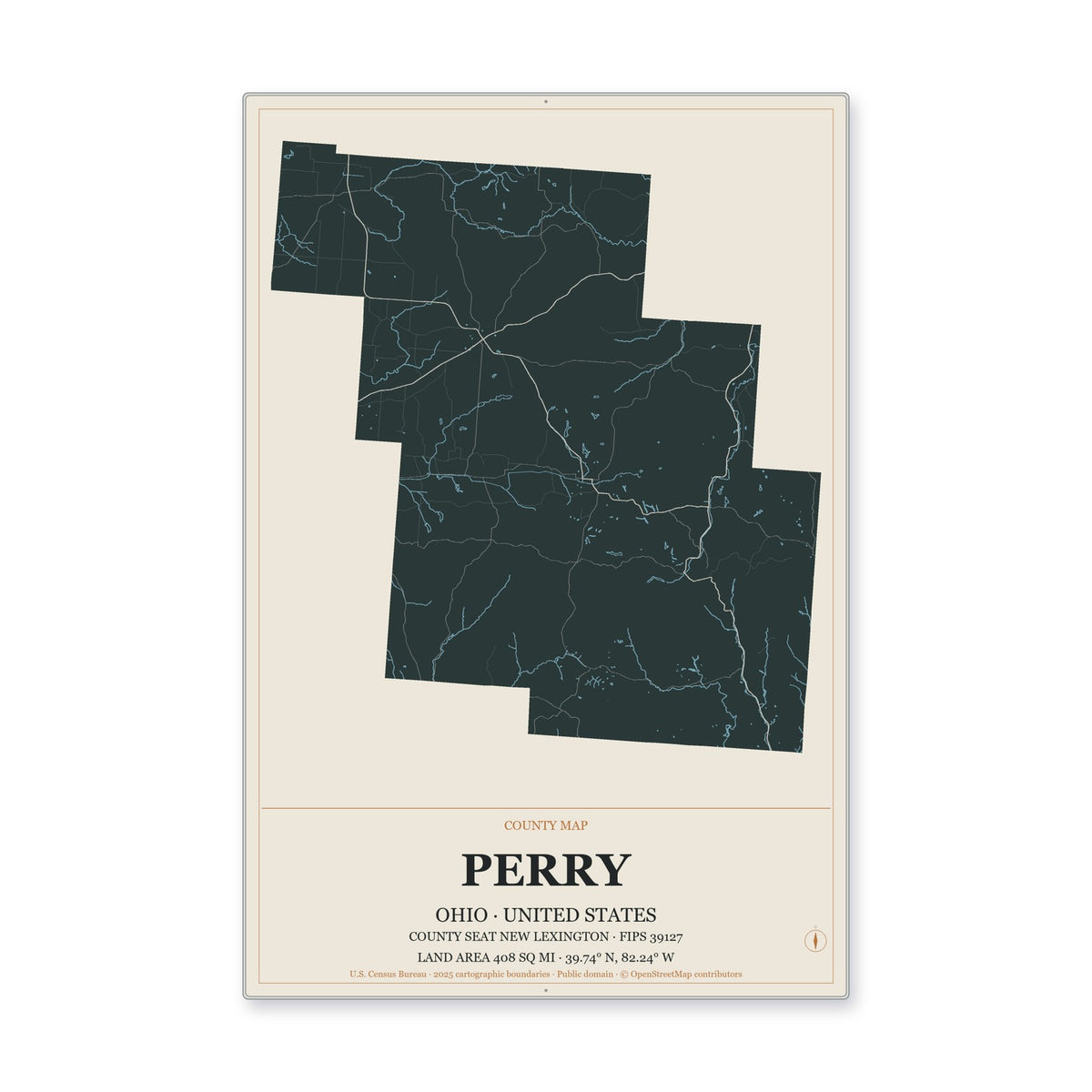 Perry County, Ohio Map Aluminum Sign in Headline Atlas style