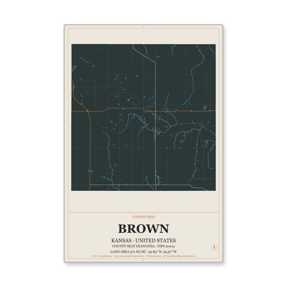 Brown County, Kansas Map Aluminum Sign in Headline Atlas style