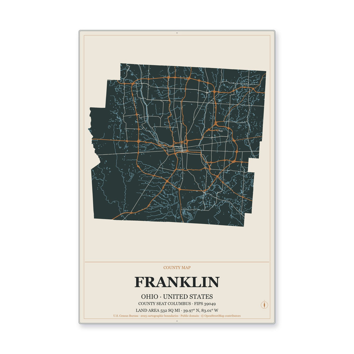 Franklin County, Ohio Map Aluminum Sign in Headline Atlas style