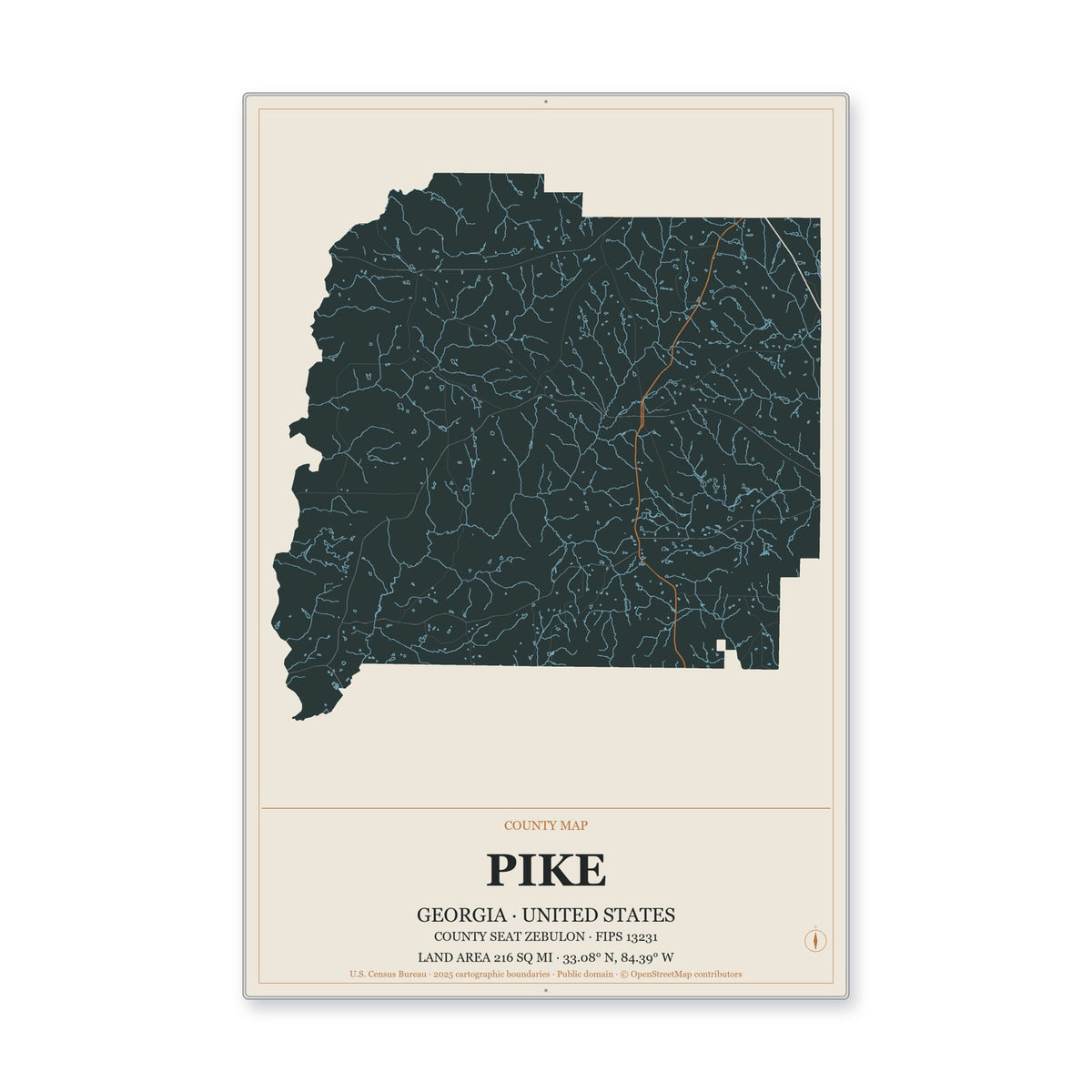 Pike County, Georgia Map Aluminum Sign in Headline Atlas style