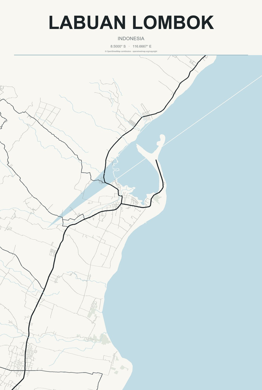 Labuan Lombok, Indonesia City Map Aluminum Sign in Headline Atlas style