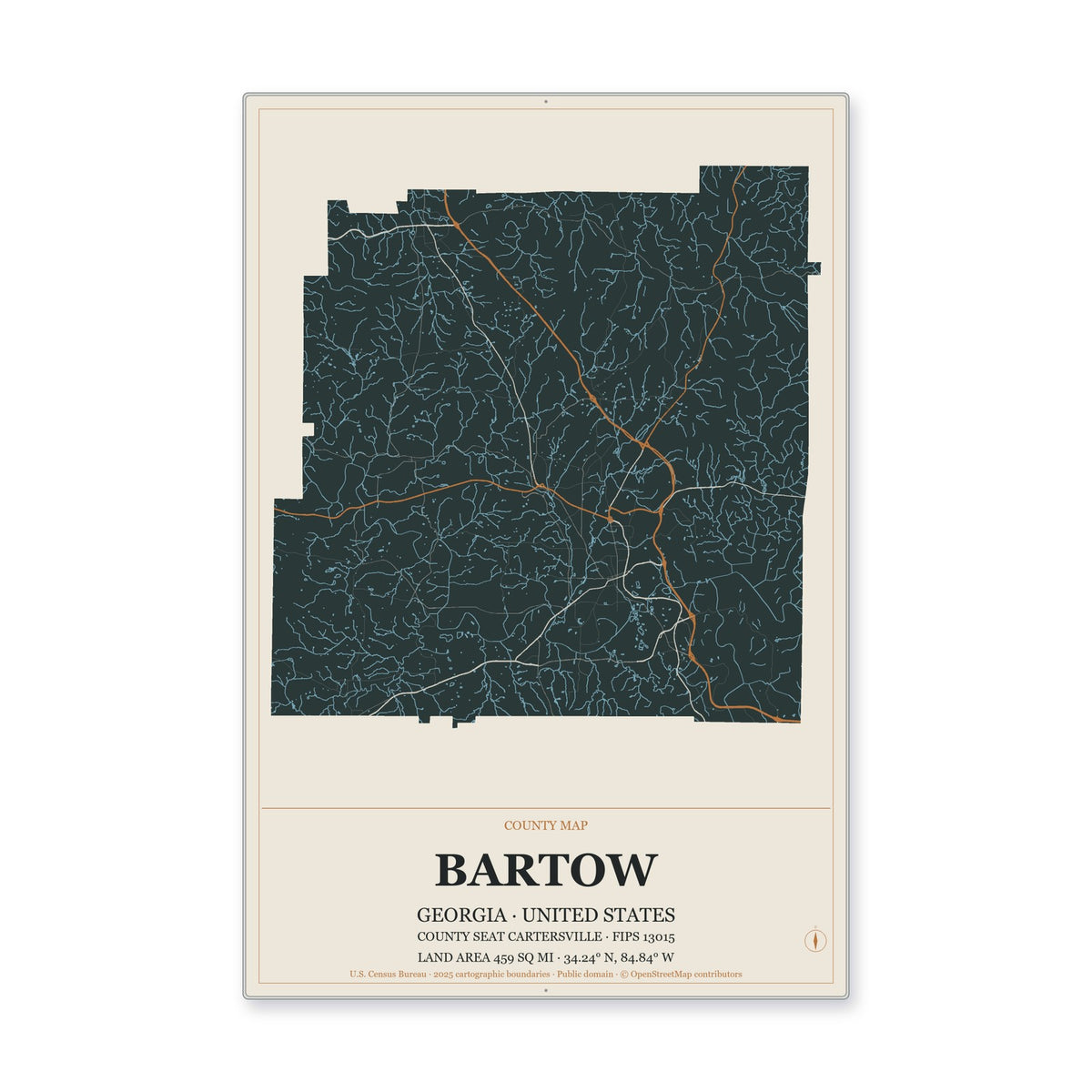 Bartow County, Georgia Map Aluminum Sign in Headline Atlas style