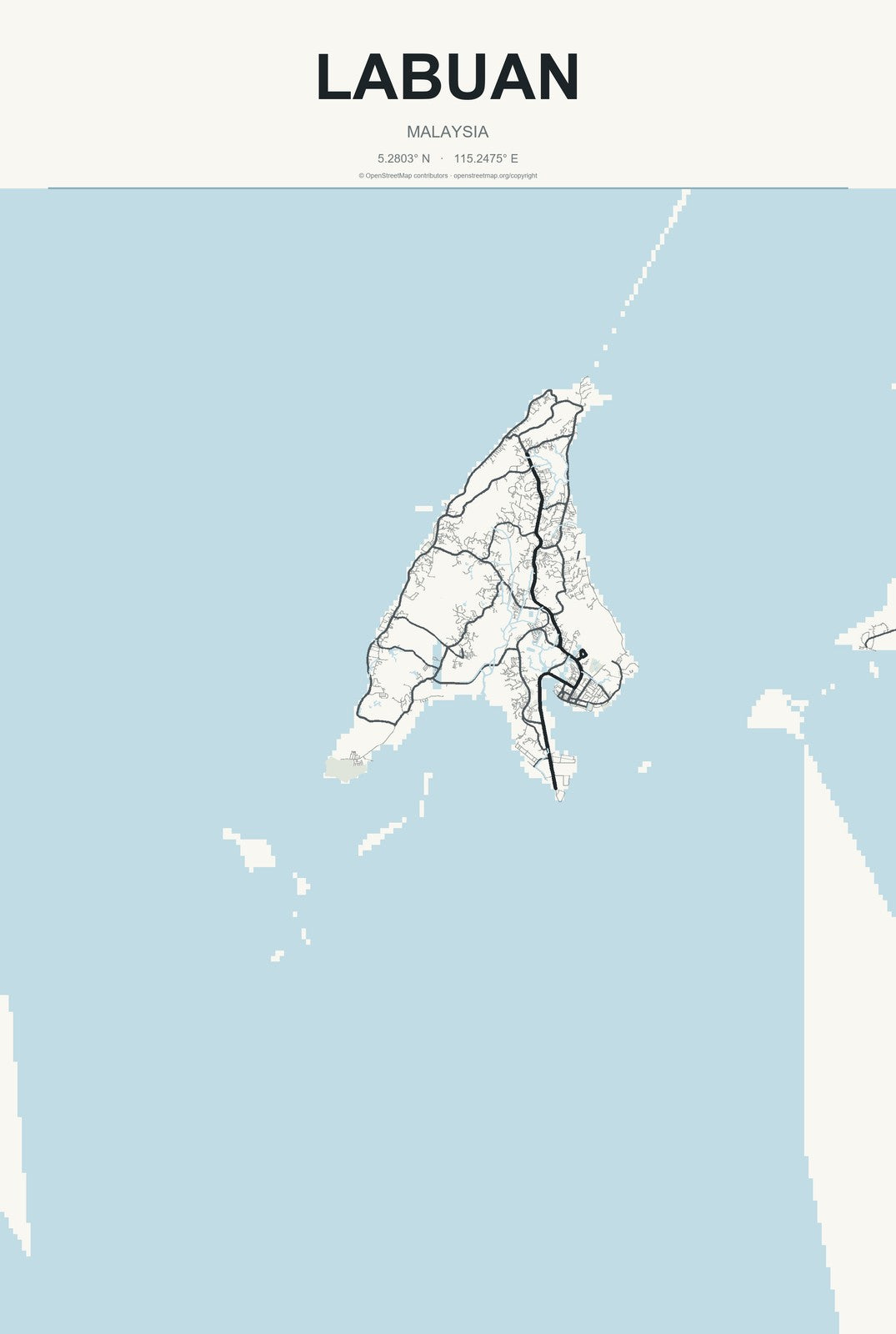 Labuan, Malaysia City Map Aluminum Sign in Headline Atlas style