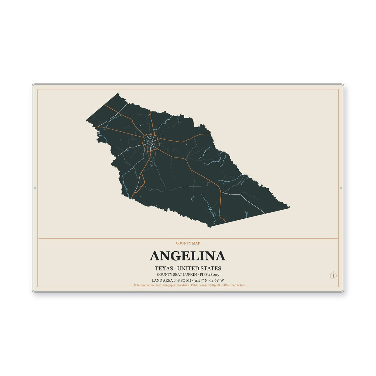 Angelina County, Texas Map Aluminum Sign in Headline Atlas style