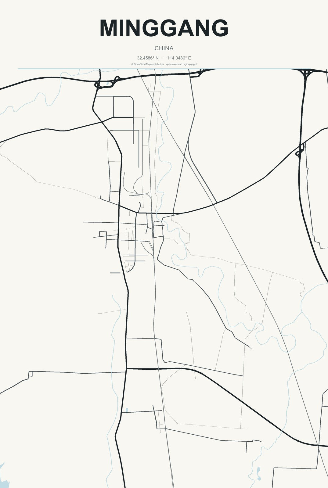 Minggang, China City Map Aluminum Sign in Headline Atlas style