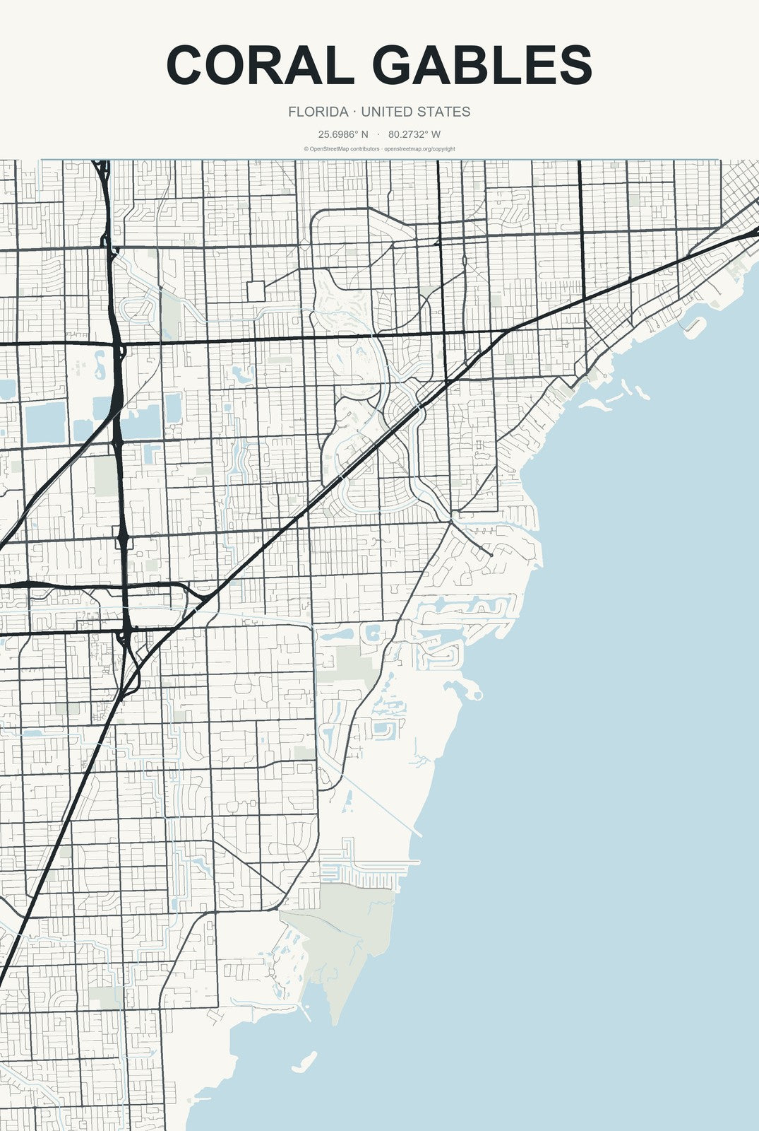 Coral Gables, Florida City Map Aluminum Sign in Headline Atlas style