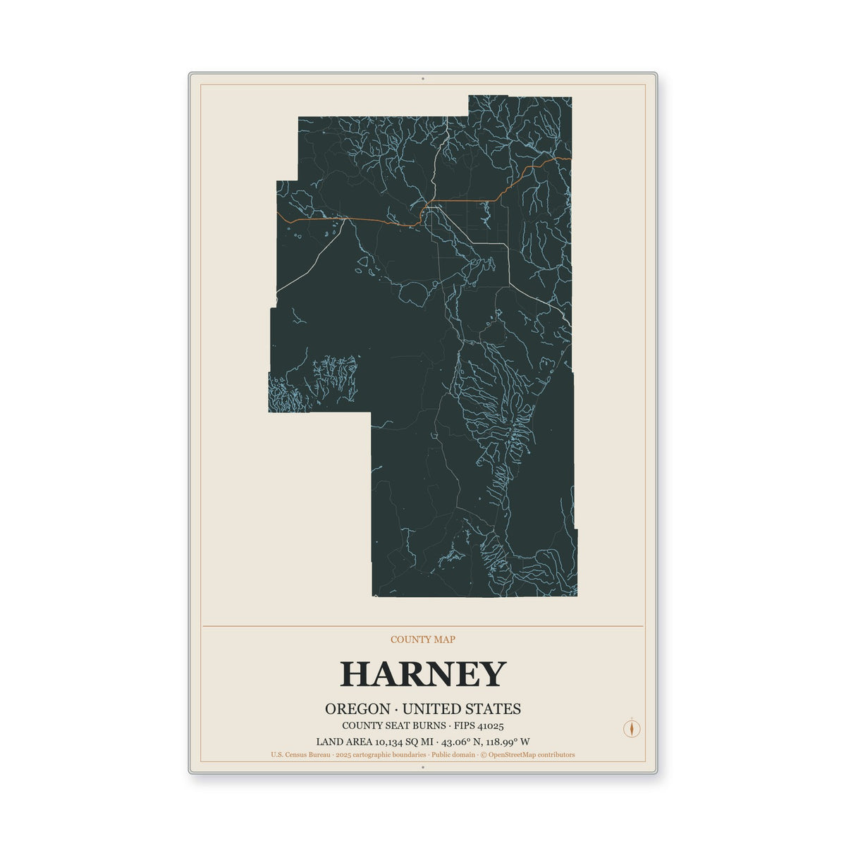 Harney County, Oregon Map Aluminum Sign in Headline Atlas style