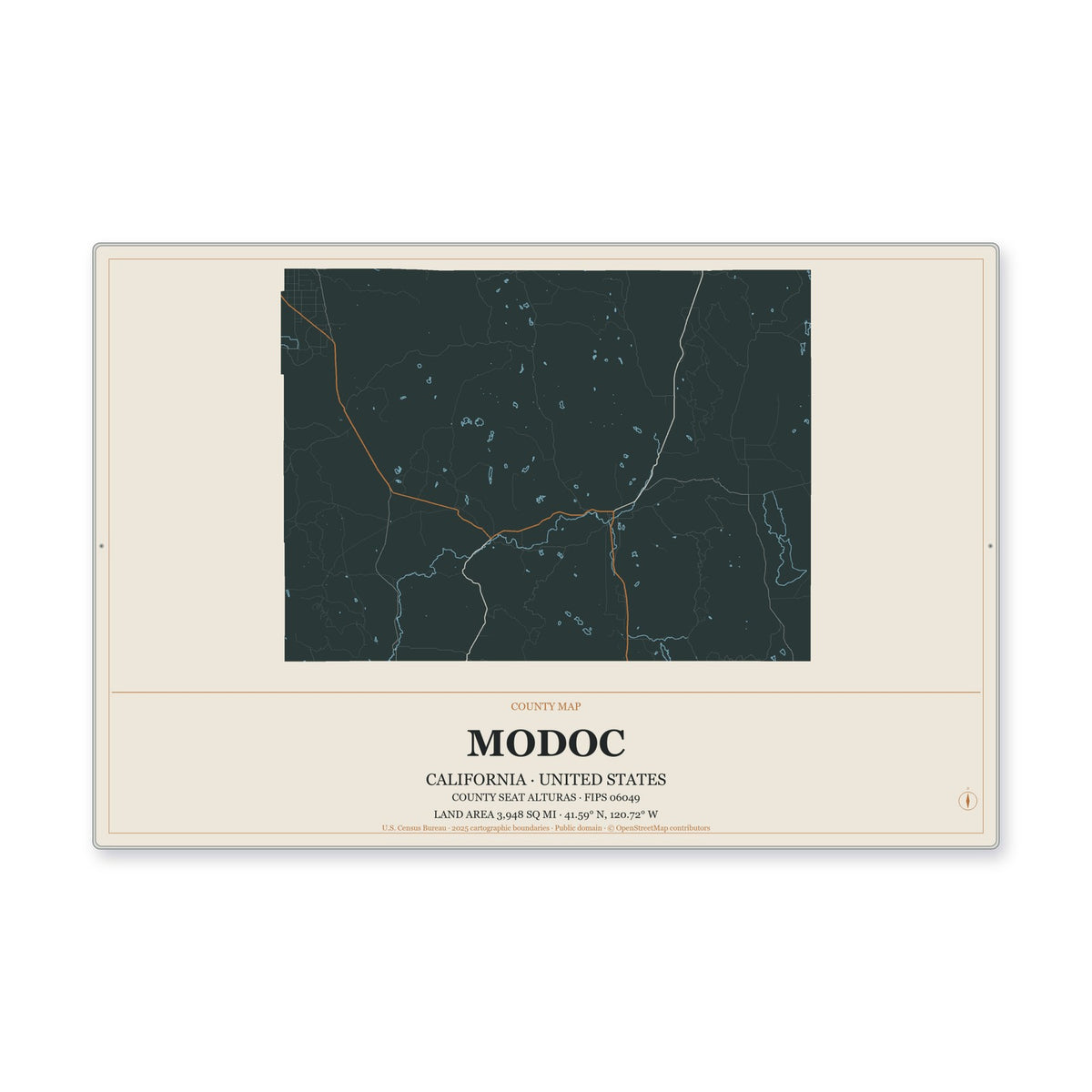 Modoc County, California Map Aluminum Sign in Headline Atlas style
