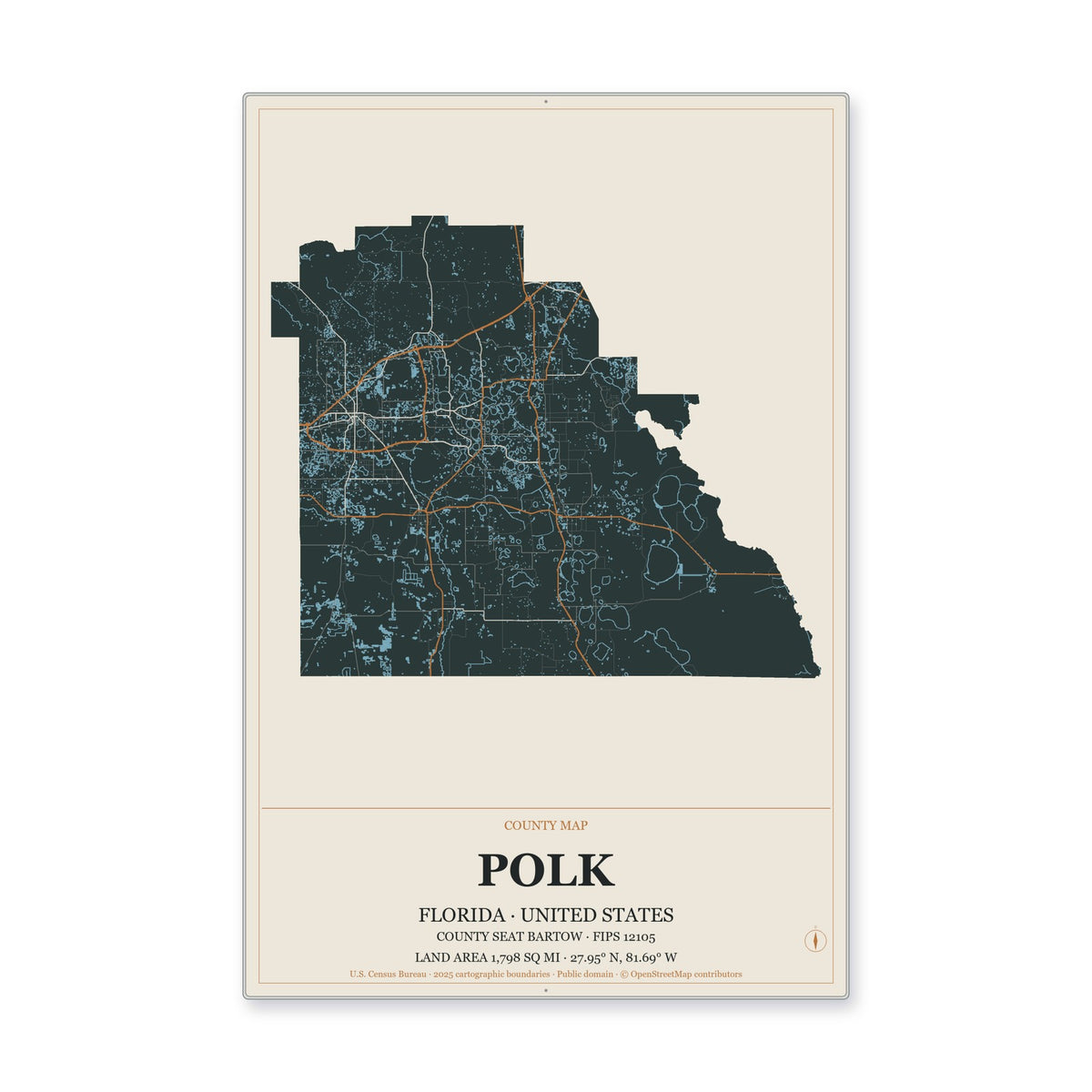 Polk County, Florida Map Aluminum Sign in Headline Atlas style