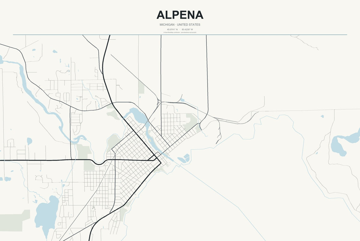 Alpena, Michigan City Map Aluminum Sign in Headline Atlas style