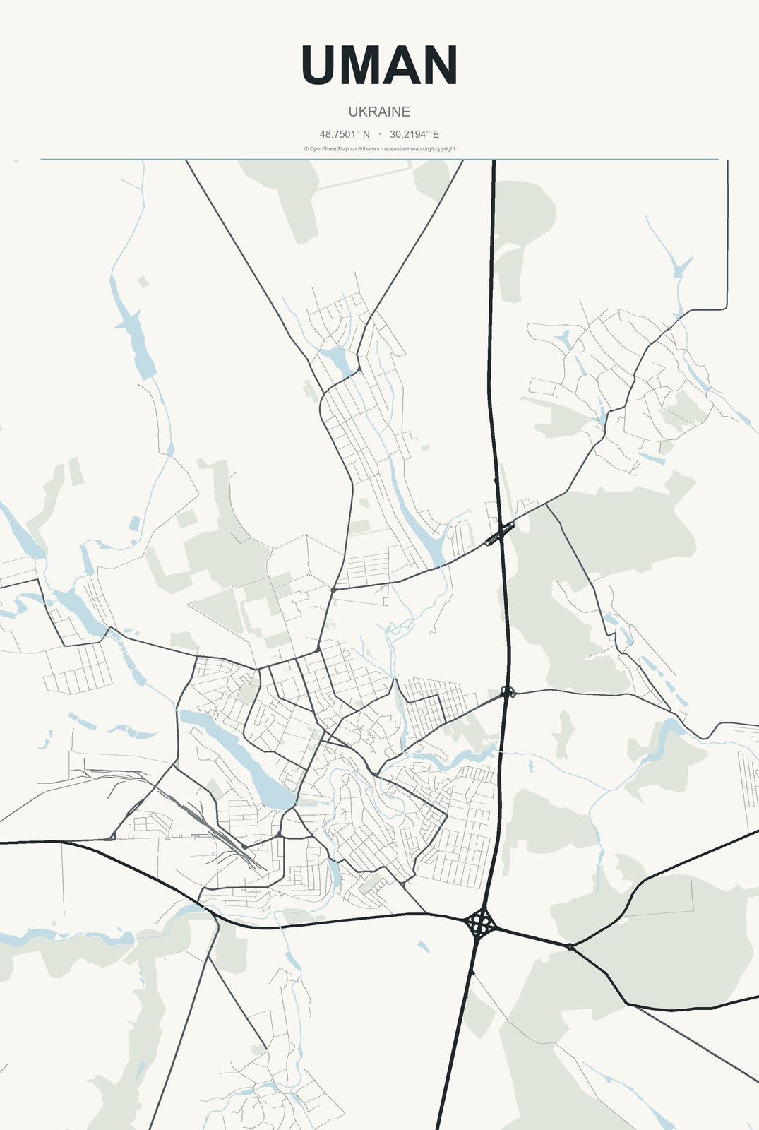 Uman, Ukraine City Map Aluminum Sign in Headline Atlas style