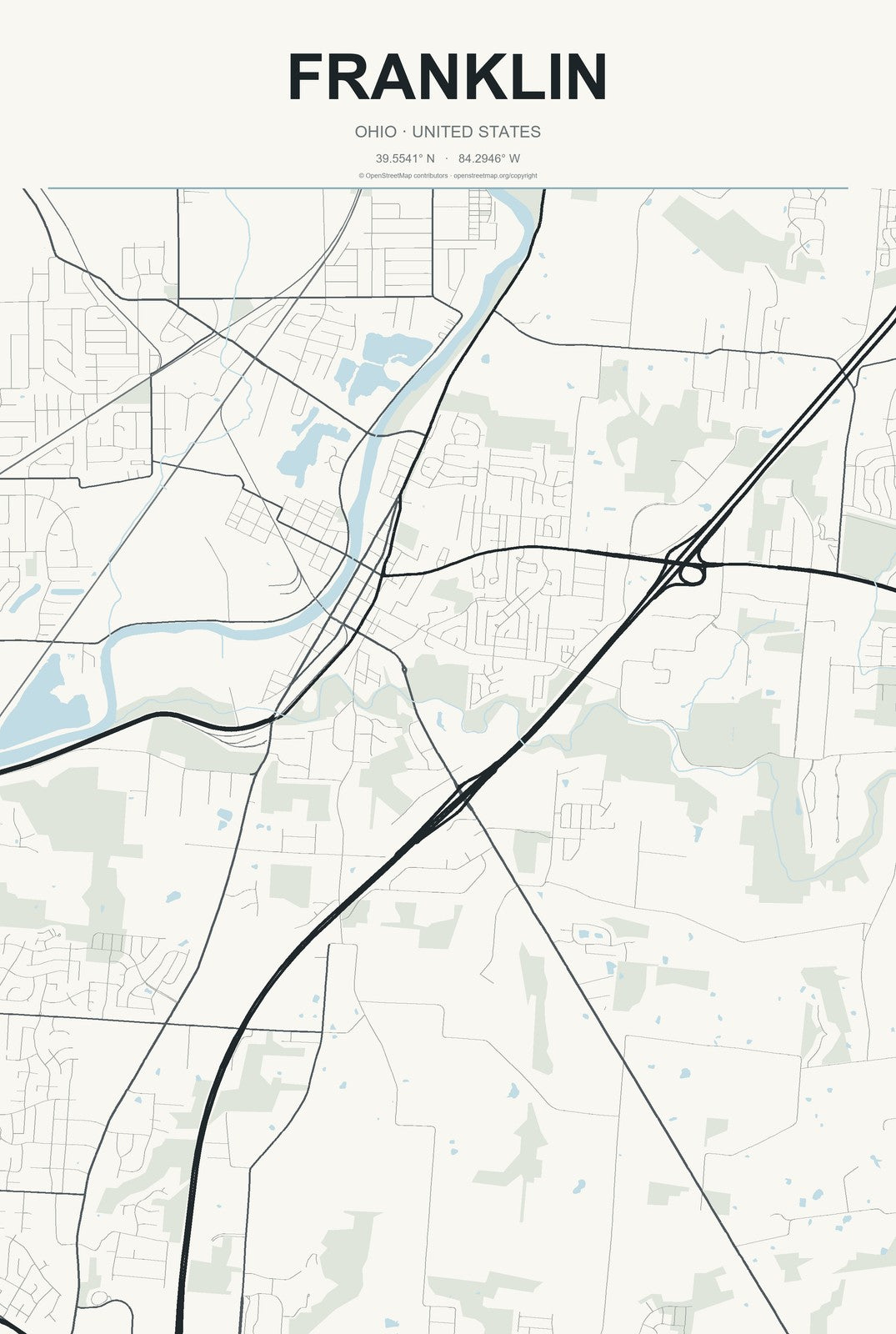Franklin, Ohio City Map Aluminum Sign in Headline Atlas style