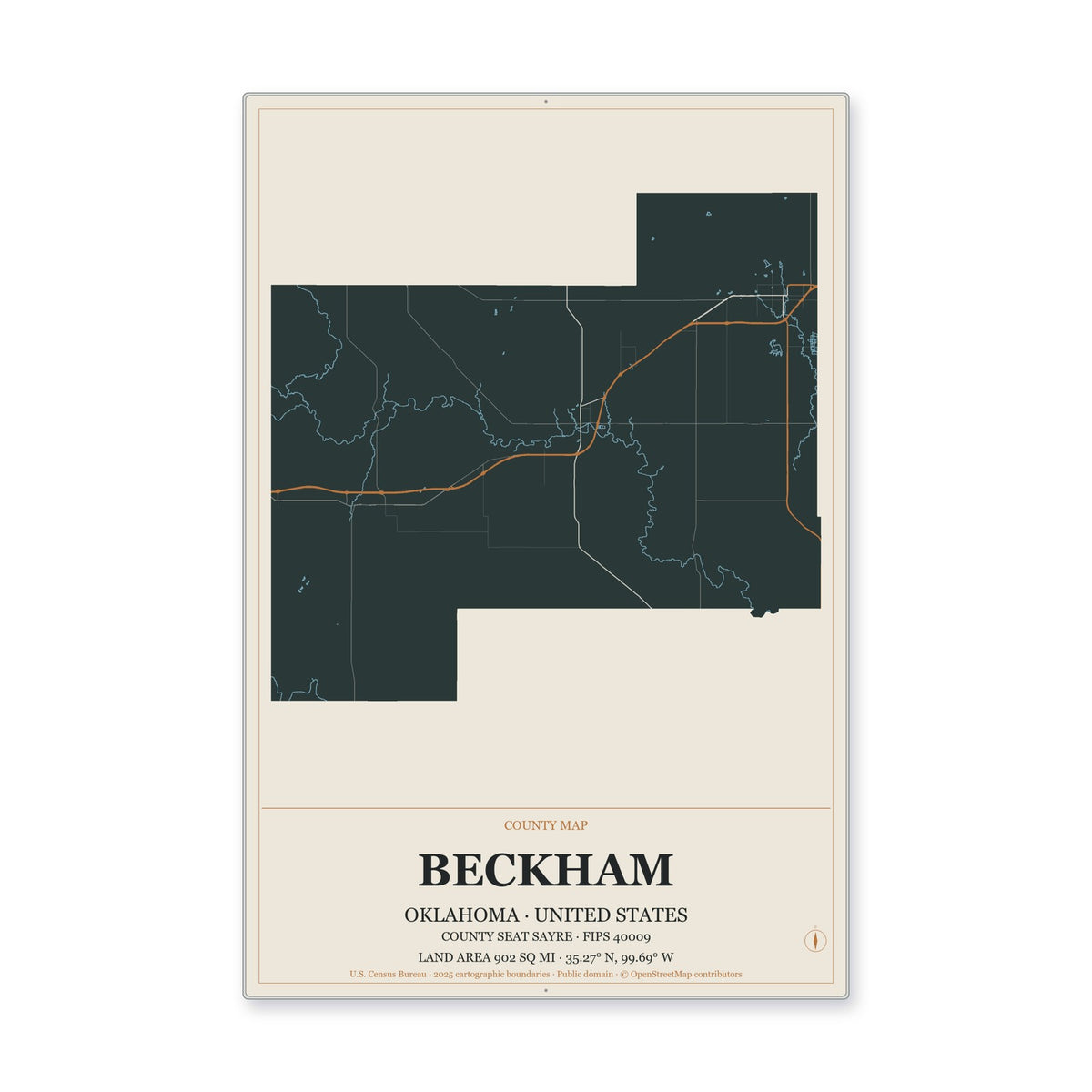 Beckham County, Oklahoma Map Aluminum Sign in Headline Atlas style