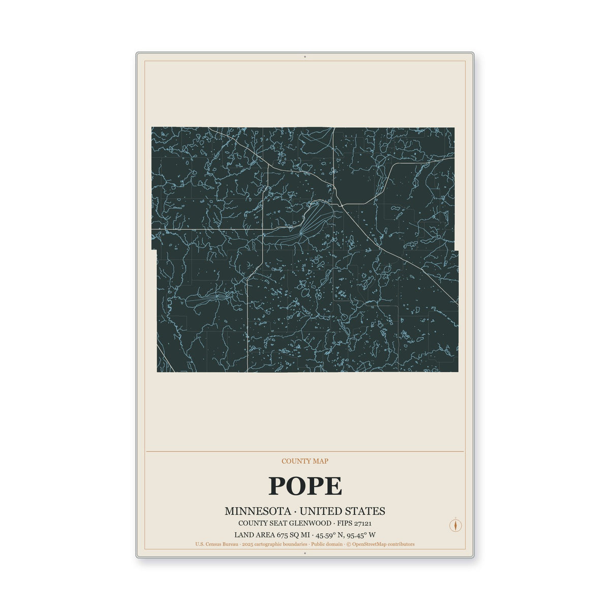 Pope County, Minnesota Map Aluminum Sign in Headline Atlas style