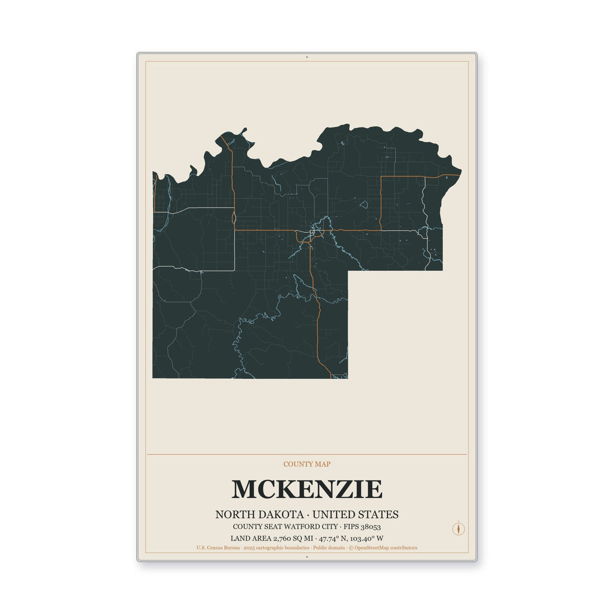 McKenzie County, North Dakota Map Aluminum Sign in Headline Atlas style