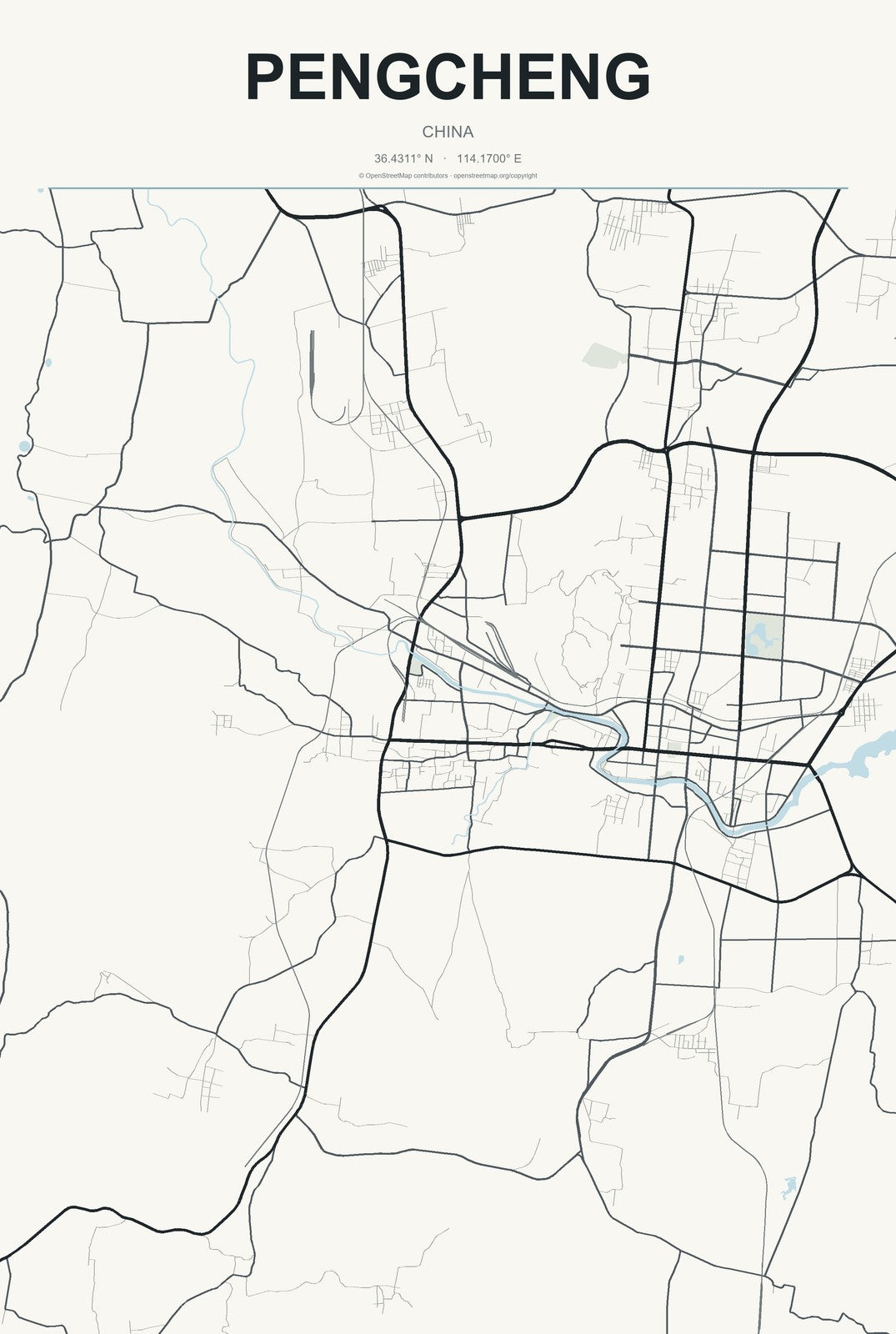 Pengcheng, China City Map Aluminum Sign in Headline Atlas style