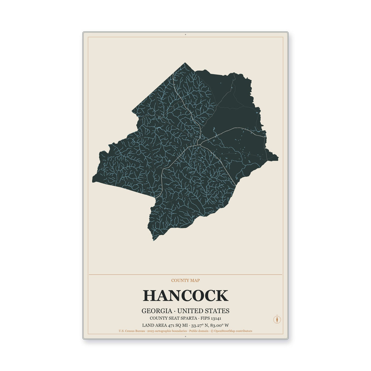 Hancock County, Georgia Map Aluminum Sign in Headline Atlas style