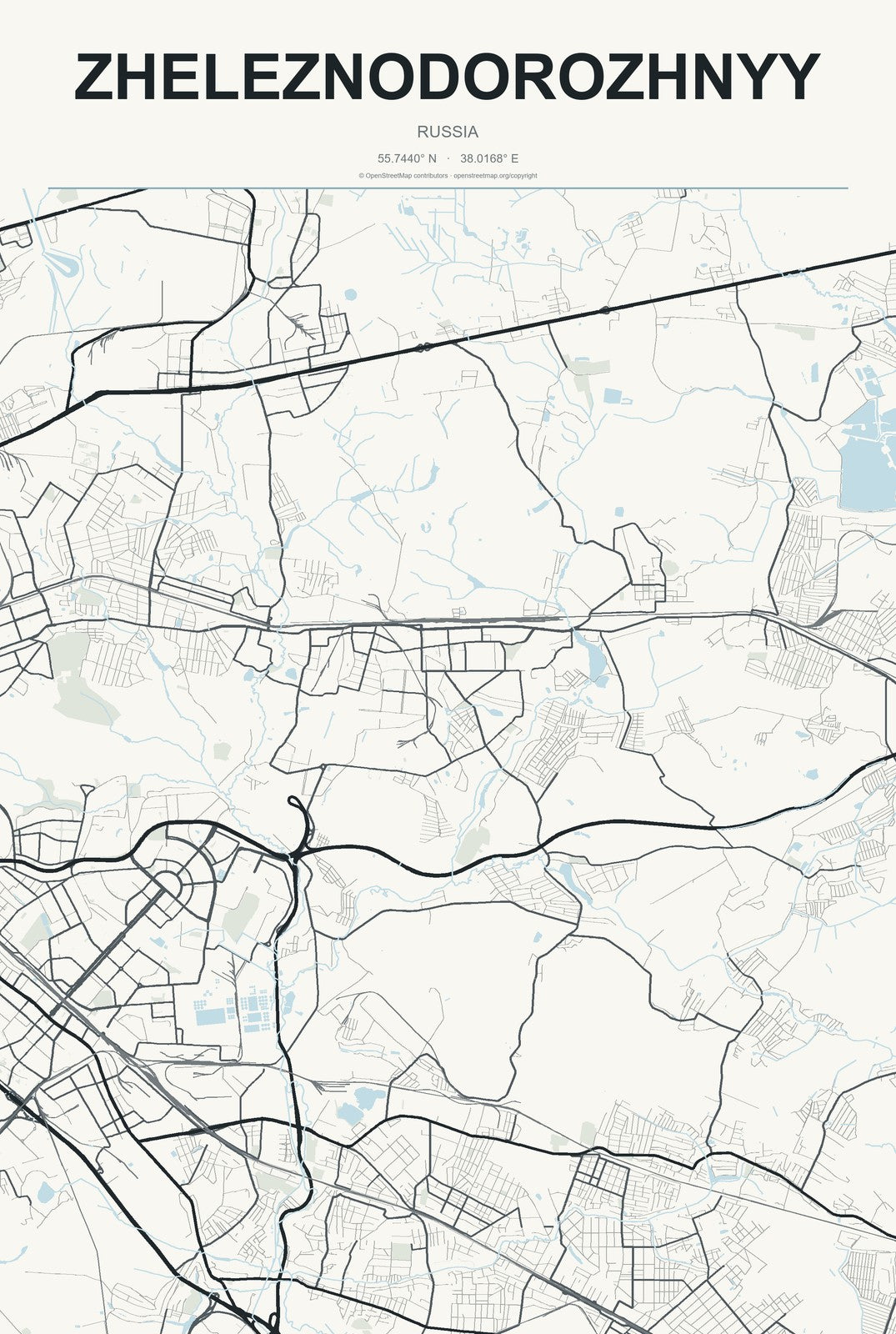 Zheleznodorozhnyy, Russia City Map Aluminum Sign in Headline Atlas style