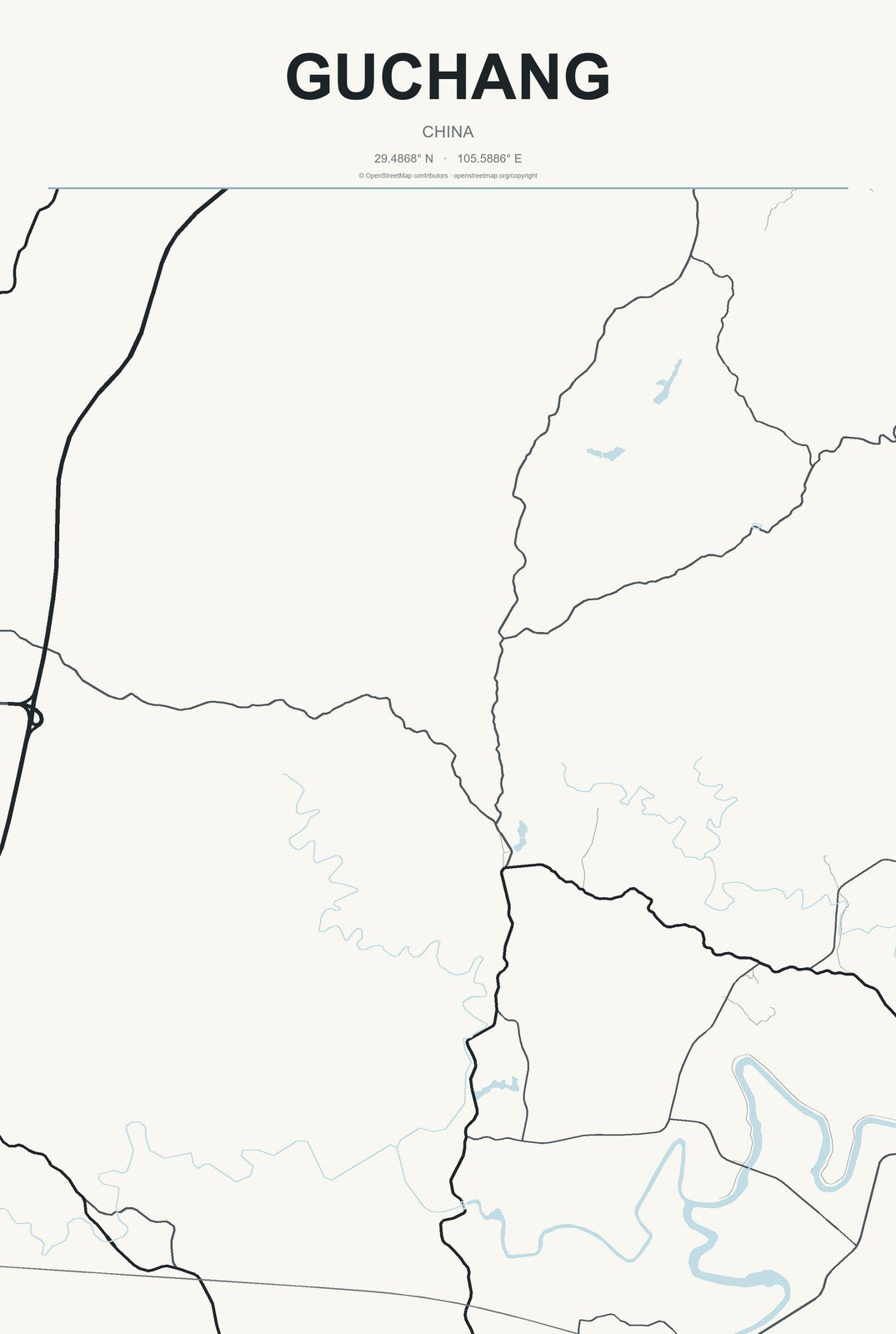 Guchang, China City Map Aluminum Sign in Headline Atlas style