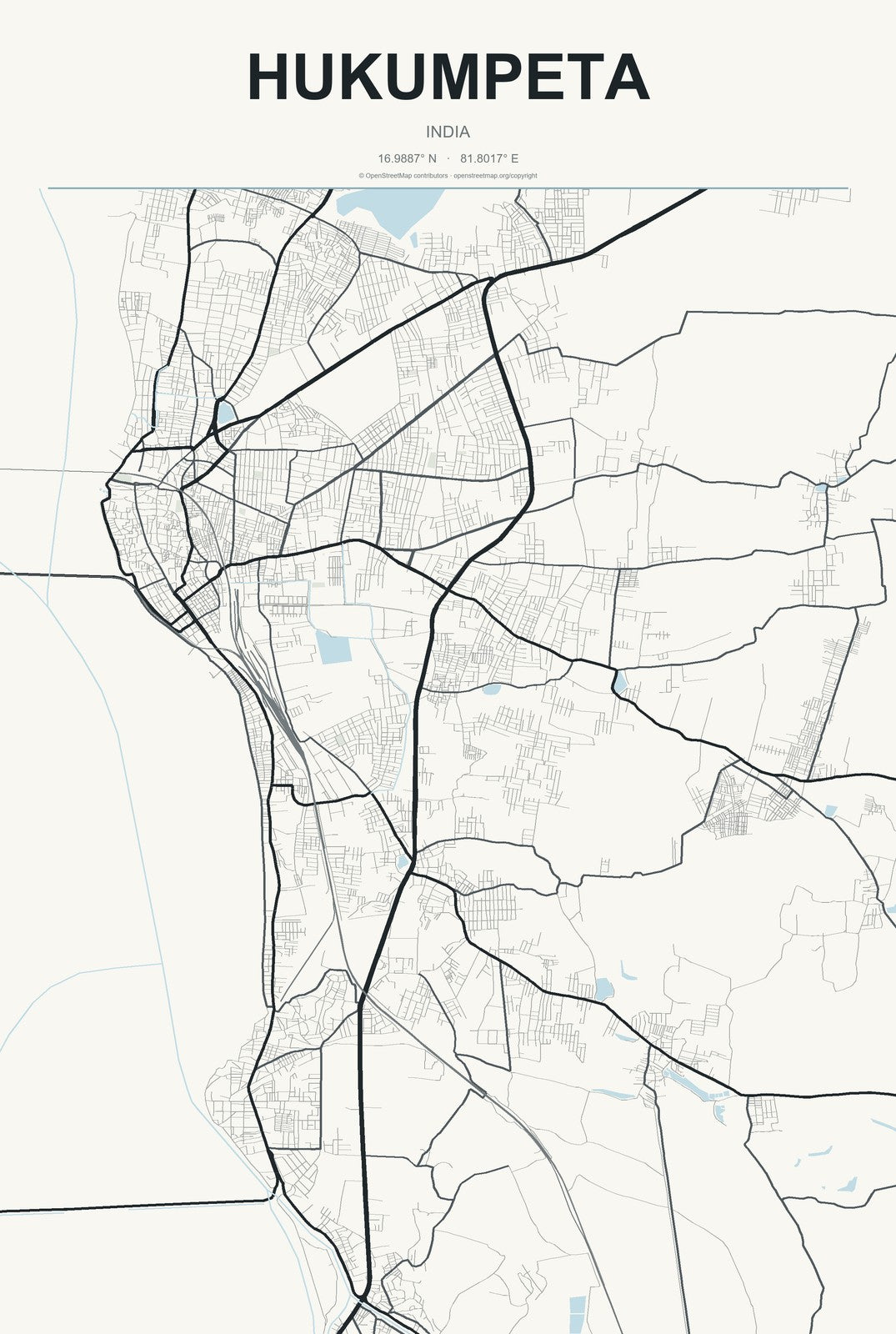 Hukumpeta, India City Map Aluminum Sign in Headline Atlas style
