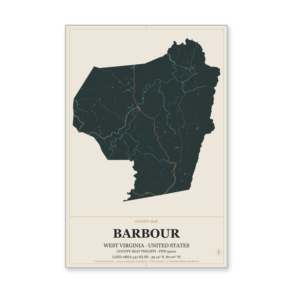 Barbour County, West Virginia Map Aluminum Sign in Headline Atlas style