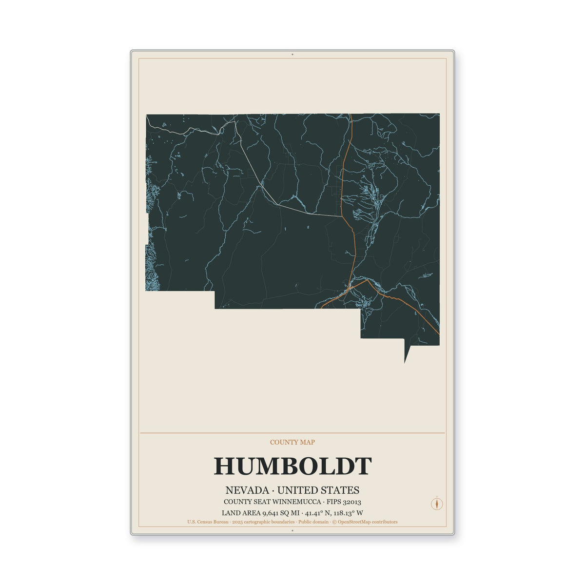 Humboldt County, Nevada Map Aluminum Sign in Headline Atlas style